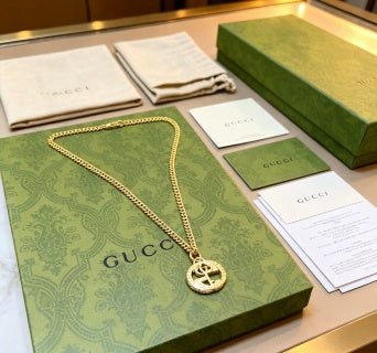 Gucci GG Logo Drop Pendant Gold Chain Necklace