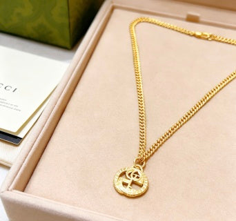 Gucci GG Logo Drop Pendant Gold Chain Necklace