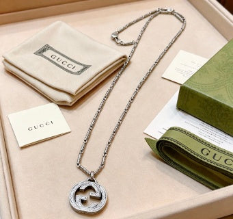 Gucci GG Interlocking Round Pendant Silver Chain Necklace