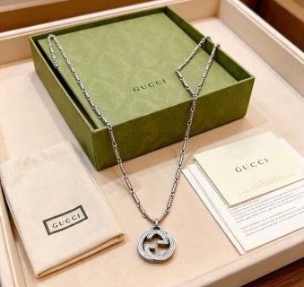 Gucci GG Interlocking Round Pendant Silver Chain Necklace