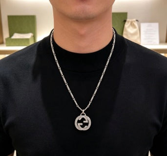 Gucci GG Interlocking Round Pendant Silver Chain Necklace