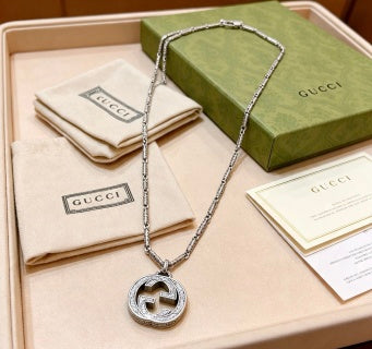 Gucci GG Interlocking Round Pendant Silver Chain Necklace