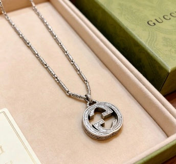 Gucci GG Interlocking Round Pendant Silver Chain Necklace