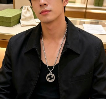 Gucci GG Interlocking Round Pendant Silver Chain Necklace