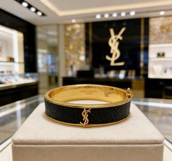 YSL Cassandre Noir Leather Cuff Bracelet