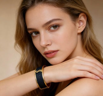 YSL Cassandre Noir Leather Cuff Bracelet