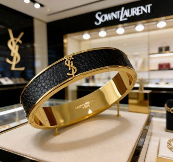 YSL Cassandre Noir Leather Cuff Bracelet