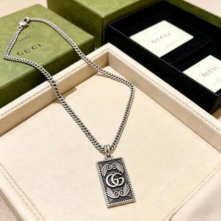 Gucci GG Monogram Plaque Silver Chain Necklace