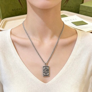 Gucci GG Monogram Plaque Silver Chain Necklace