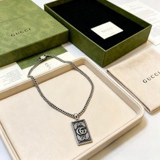 Gucci GG Monogram Plaque Silver Chain Necklace