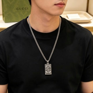 Gucci GG Monogram Plaque Silver Chain Necklace