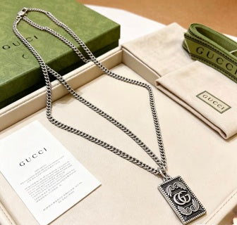 Gucci GG Monogram Plaque Silver Chain Necklace