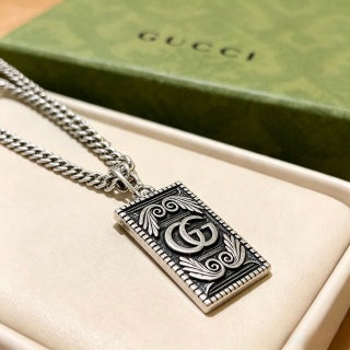 Gucci GG Monogram Plaque Silver Chain Necklace