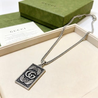 Gucci GG Monogram Plaque Silver Chain Necklace