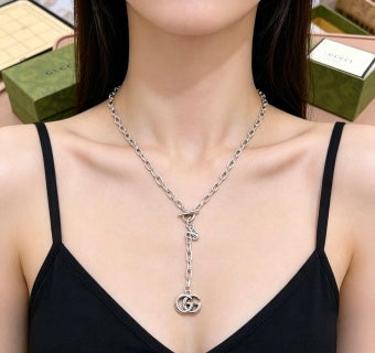 Gucci Interlocking G Silver Drop Chain Necklace