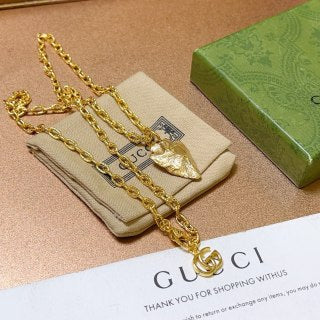 Gucci GG Leaf Drop Pendant Gold Chain Necklace