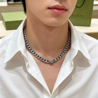 Gucci GG Blue Enamel Cuban Link Silver Necklace