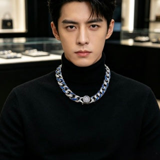 Gucci GG Blue Enamel Cuban Link Silver Necklace