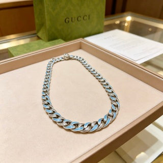 Gucci GG Blue Enamel Cuban Link Silver Necklace