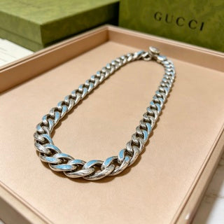 Gucci GG Blue Enamel Cuban Link Silver Necklace