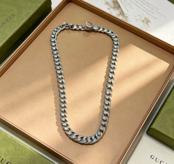 Gucci GG Blue Enamel Cuban Link Silver Necklace