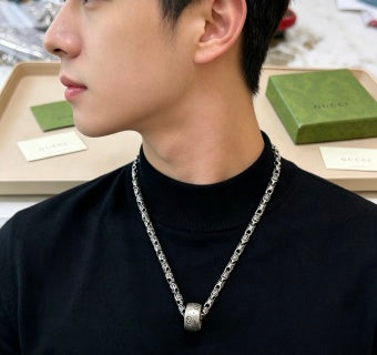 Gucci GG Engraved Barrel Pendant Silver Long Necklace