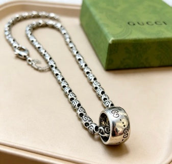 Gucci GG Engraved Barrel Pendant Silver Long Necklace