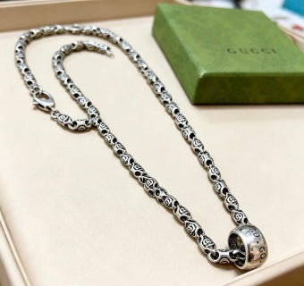 Gucci GG Engraved Barrel Pendant Silver Long Necklace