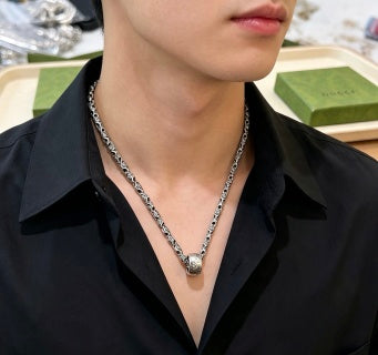 Gucci GG Engraved Barrel Pendant Silver Long Necklace