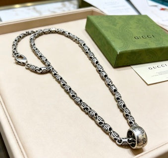 Gucci GG Engraved Barrel Pendant Silver Long Necklace