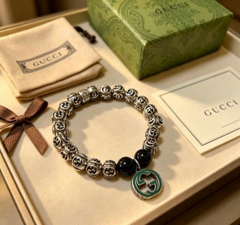 Gucci GG Black Bead Medallion Charm Bracelet