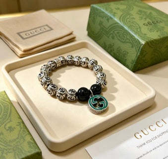 Gucci GG Black Bead Medallion Charm Bracelet