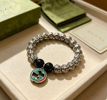 Gucci GG Black Bead Medallion Charm Bracelet