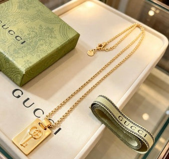 Gucci GG Rectangular Plaque Gold Chain Necklace