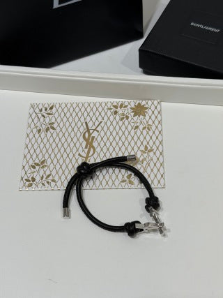 YSL Cassandre Noir Leather Cord Bracelet