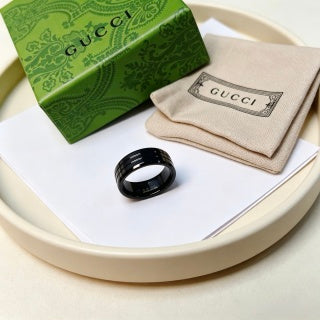 Gucci GG Black Enamel Gold Edge Band Ring
