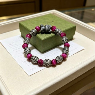 Gucci GG Burgundy Bead Lion Charm Bracelet