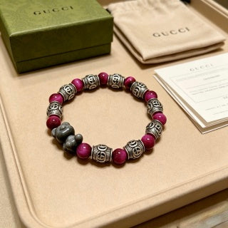 Gucci GG Burgundy Bead Lion Charm Bracelet