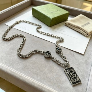 Gucci GG Monogram Plaque Long Silver Chain Necklace