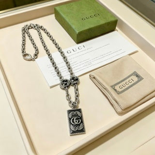 Gucci GG Monogram Plaque Long Silver Chain Necklace