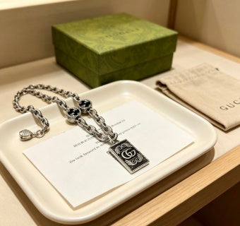 Gucci GG Monogram Plaque Long Silver Chain Necklace