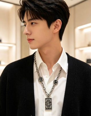Gucci GG Monogram Plaque Long Silver Chain Necklace