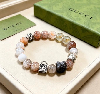 Gucci GG Natural Stone Bead Silver Charm Bracelet