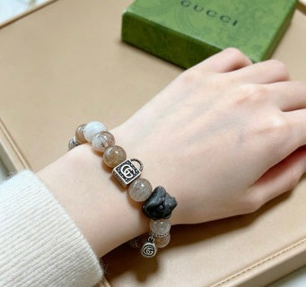 Gucci GG Natural Stone Bead Silver Charm Bracelet