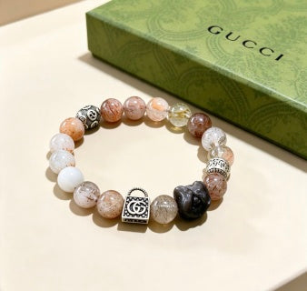 Gucci GG Natural Stone Bead Silver Charm Bracelet