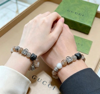 Gucci GG Natural Stone Bead Silver Charm Bracelet