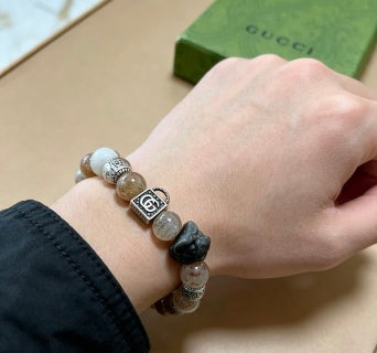 Gucci GG Natural Stone Bead Silver Charm Bracelet