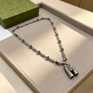 Gucci GG Twin Barrel Charm Silver Chain Necklace