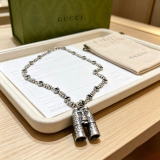 Gucci GG Twin Barrel Charm Silver Chain Necklace