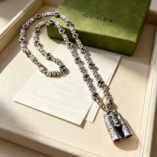 Gucci GG Twin Barrel Charm Silver Chain Necklace